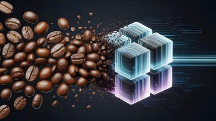 Coffee beans seamlessly morphing into luminous blue and white data cubes – Great for big data visualization, digital food concepts, or abstract technology.