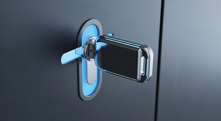 Futuristic digital key unlocking a secure door with glowing blue access technology