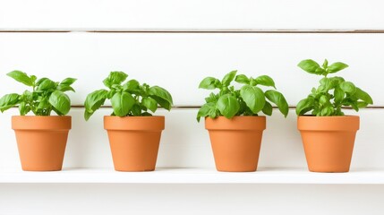 Growing Herbs in a Row: A captivating view of four vibrant basil plants in terracotta pots arranged in a neat line, displaying their lush green leaves, evokes the beauty of organic growth.