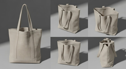 Collection of beige leather tote bags displayed from multiple angles in studio lighting