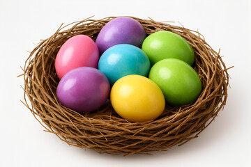Natural twig bird nest filled with colorful dyed easter eggs isolated on white background