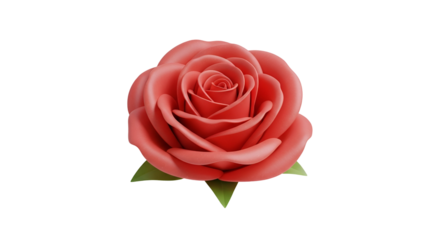 A detailed digital rendering of a vibrant red rose flower with green leaves
