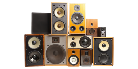 Pile of vintage speakers stacked in collection concept. Variety of vintage speakers arranged for music enthusiasts and events.