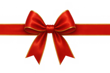 Red satin bow with gold edges and horizontal ribbon strip across, perfect for gifts, festive decoration, and celebration designs