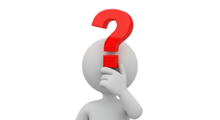 A white 3d stick figure ponders a problem, symbolized by a large red question mark head