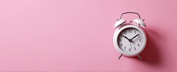 A white alarm clock sits on a pink background, with space for text