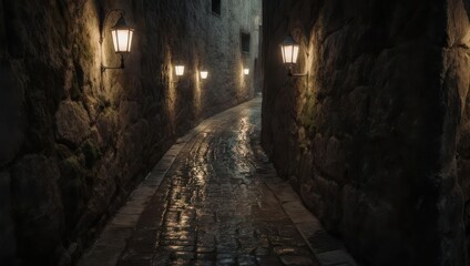 Narrow Stone Alleyway Illuminated by Lanterns at Night After Rain.
