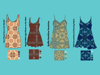 Ethnic Geometric Pattern Dress Designs Collection with Color Palettes - Vector Fashion Apparel