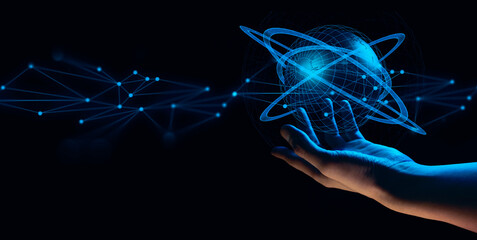 businessman hand holding holographic of  metaverse network scfi cyberpunk on black background,...