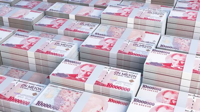 Turkey 10 Million Turkish Lira Banknote Horizontal 3D Animation ? Financial Money Flow, Business and Banking Economy, Currency Exchange and Investment Concept