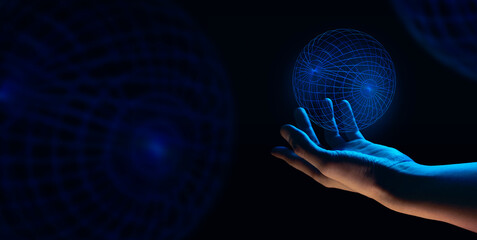 businessman hand holding holographic of  metaverse network scfi cyberpunk on black background,...