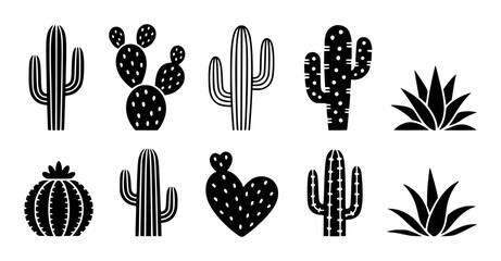 Collection of Nine Black Silhouette Cacti and Succulents