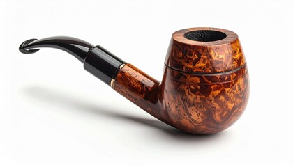 Polished wooden smoking pipe with curved black stem