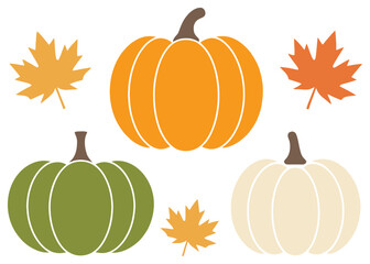 Colorful autumn pumpkins and maple leaves in flat style orange