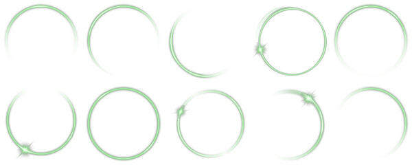 Futuristic motion circle for digital artwork, gaming UI, space-inspired backgrounds, high-tech banners and illuminated particle effects. Neon glowing green rings with orbit effect and radial flare.