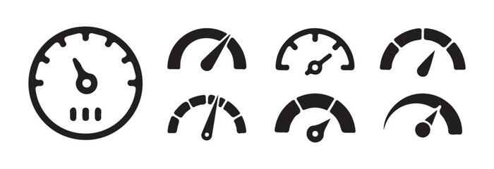 Set of black solid speedometer and gauge icons. Performance measurement symbols collection