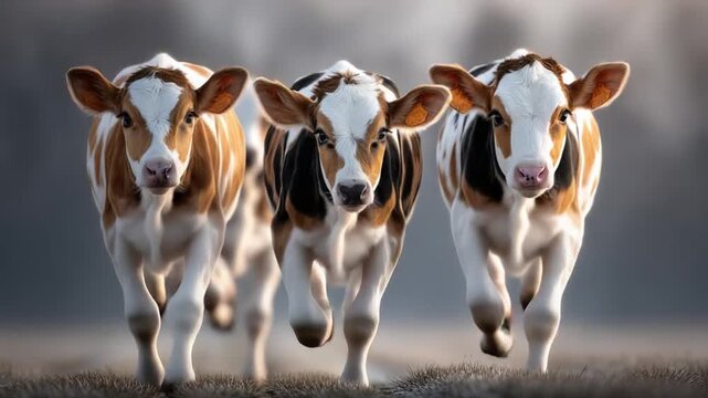 Side view of calves bounding across fresh grass, open field background, dynamic movement, clean and natural farm photography style