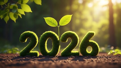 Green moss covered numbers 2026 growing from soil with sunlight and leaves