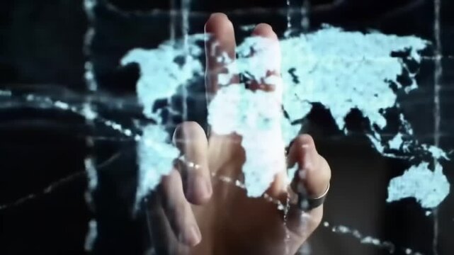 Hand interacting with digital world map technology and connection