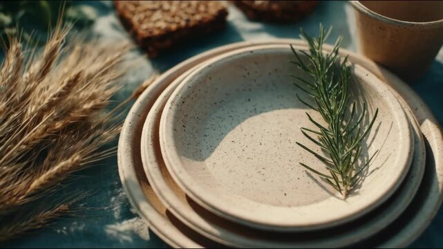 Rosemary sprig on a stack of plate, with wheat and bread on outdoor picnic table. Eco-friendly dining display, rustic dinner setting concept.
