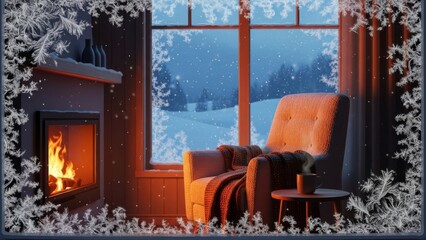 Cozy Winter Scene with Fireplace and Snowy View, Perfect for Relaxation and Warmth
