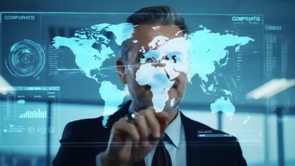 Man interacts with world map projection on digital interface technology - Powered by Adobe