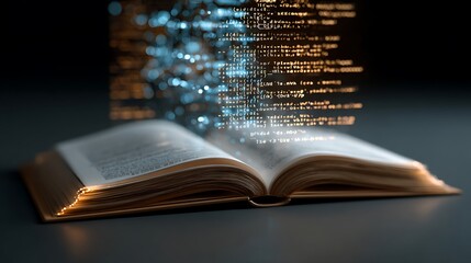 Open book with digital computer code hologram.
