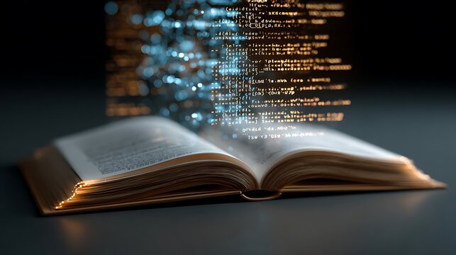 Open book with digital computer code hologram. - Powered by Adobe
