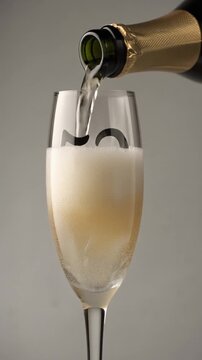 Glass engraved with the number 52. Champagne bottle fills the glass with alcohol. Celebrating milestone, anniversary or birthday