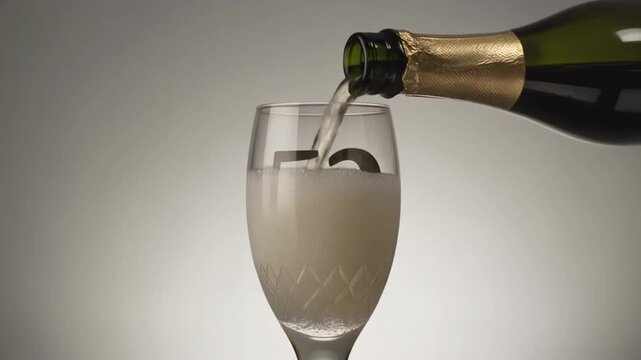 Glass engraved with the number 52. Champagne bottle fills the glass with alcohol. Celebrating milestone, anniversary or birthday