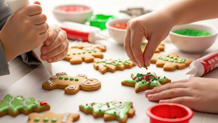 Children decorate Christmas homemade cookies with colorful icing and sprinkles, capturing a cozy moment of holiday baking and festive creativity. Selective focus.