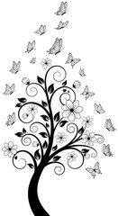 Fototapeta premium Elegant black and white floral tree design with delicate butterflies elegantly ascending towards the sky