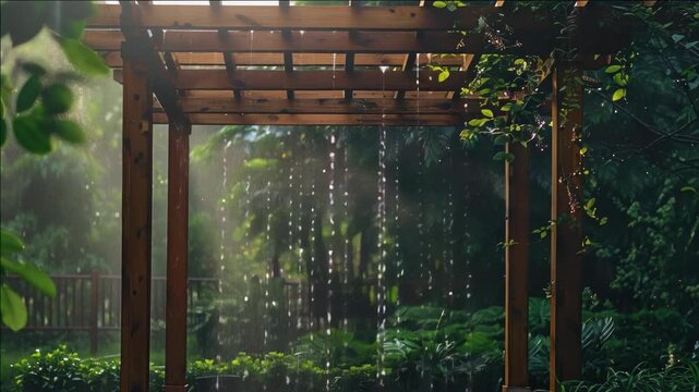 A tranquil wooden arbor with droplets of water falling, surrounded by lush greenery and sunlight filtering through the canopy above.