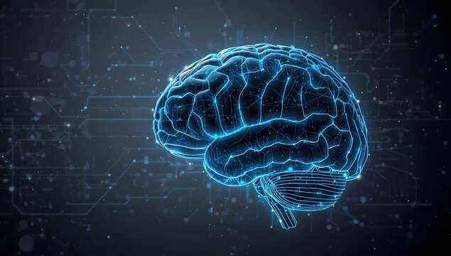 Artificial intelligence concept with glowing blue brain and digital circuit background - Powered by Adobe