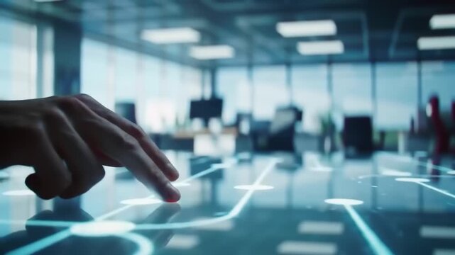 Person interacting with holographic display in modern office environment