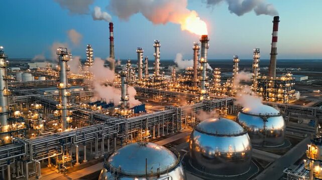 Industrial refinery at dusk with glowing, tanks, smokestacks and complex piping under bright lights!