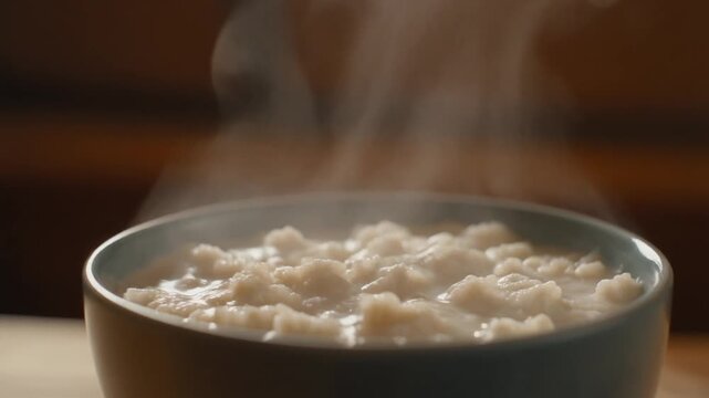 Macro steam rising from a bowl of porridge, creamy texture, cozy warm lighting