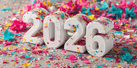 Festive white 2026 numbers covered in colorful confetti for New Year celebration.

