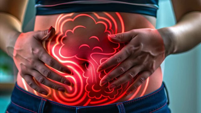 Food poisoning causing pain in man's stomach concept. Suffering from diarrhea with inflammation or stomach ache in the belly or abdomen.