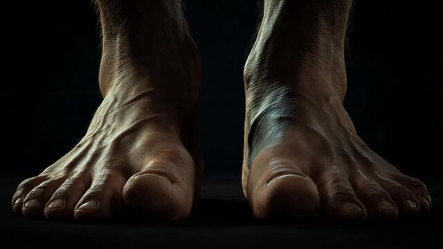 Gnarled feet spotlighted in stark shadow