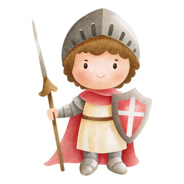Cute watercolor Saint George knight illustration with sword and shield in soft pastel style