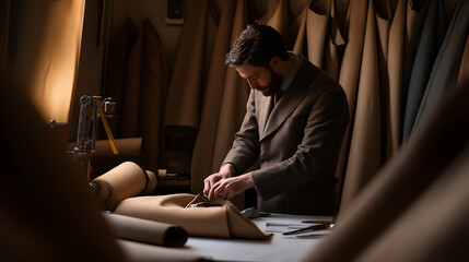 A skilled tailor meticulously crafts bespoke clothing in his workshop, surrounded by rolls of premium fabrics and the tools of his trade, ensuring a perfect fit.