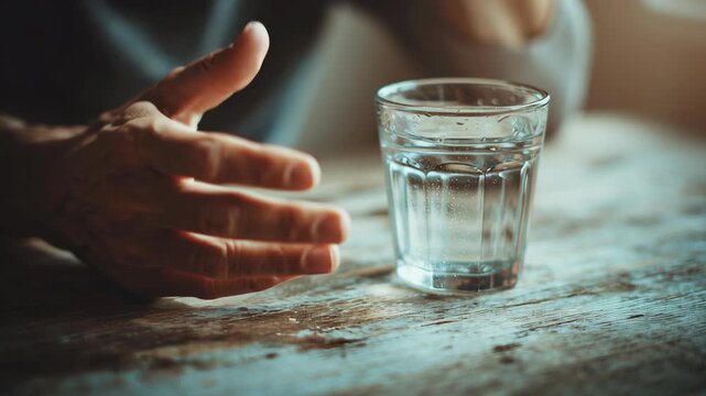 Food poisoning causing pain in man's stomach concept. A hand rests near a glass of water on a wooden table, suggesting discomfort.