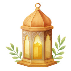 Watercolor decorative lantern illustration with glowing candle and oriental details
