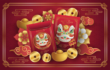 Traditional chinese new year illustration with red envelopes, gold ingots, and lion dance motifs