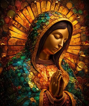 Virgen de Guadalupe sculpted from thousands of tiny luminous petals, each petal a different jewel tone inspired by Mexican