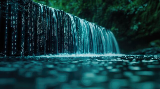 Code Cascade, waterfall made of cascading lines of code, water symbolizes a commit or change in the codebase
