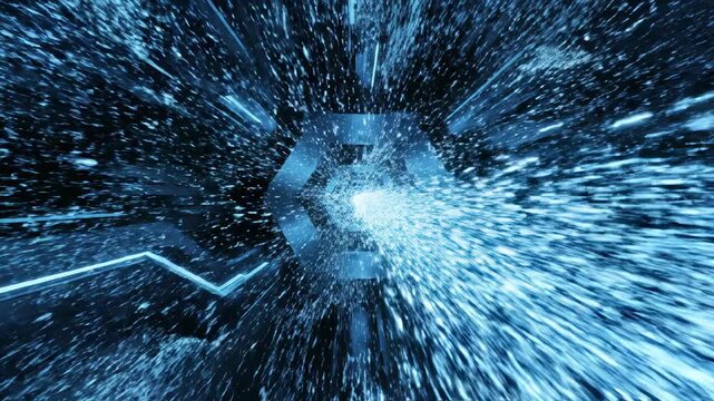 Abstract visualization of rapid glowing blue energy particles flowing and connecting through dark geometric conduits suggesting high speed digital data transfer flowingdata, cyber, motiongraphics