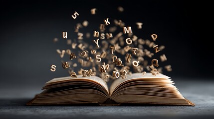 Open book with flying wooden letters on dark background.
