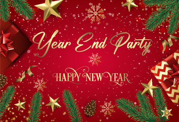 Year end party invitation or greeting card with festive decorations on red background